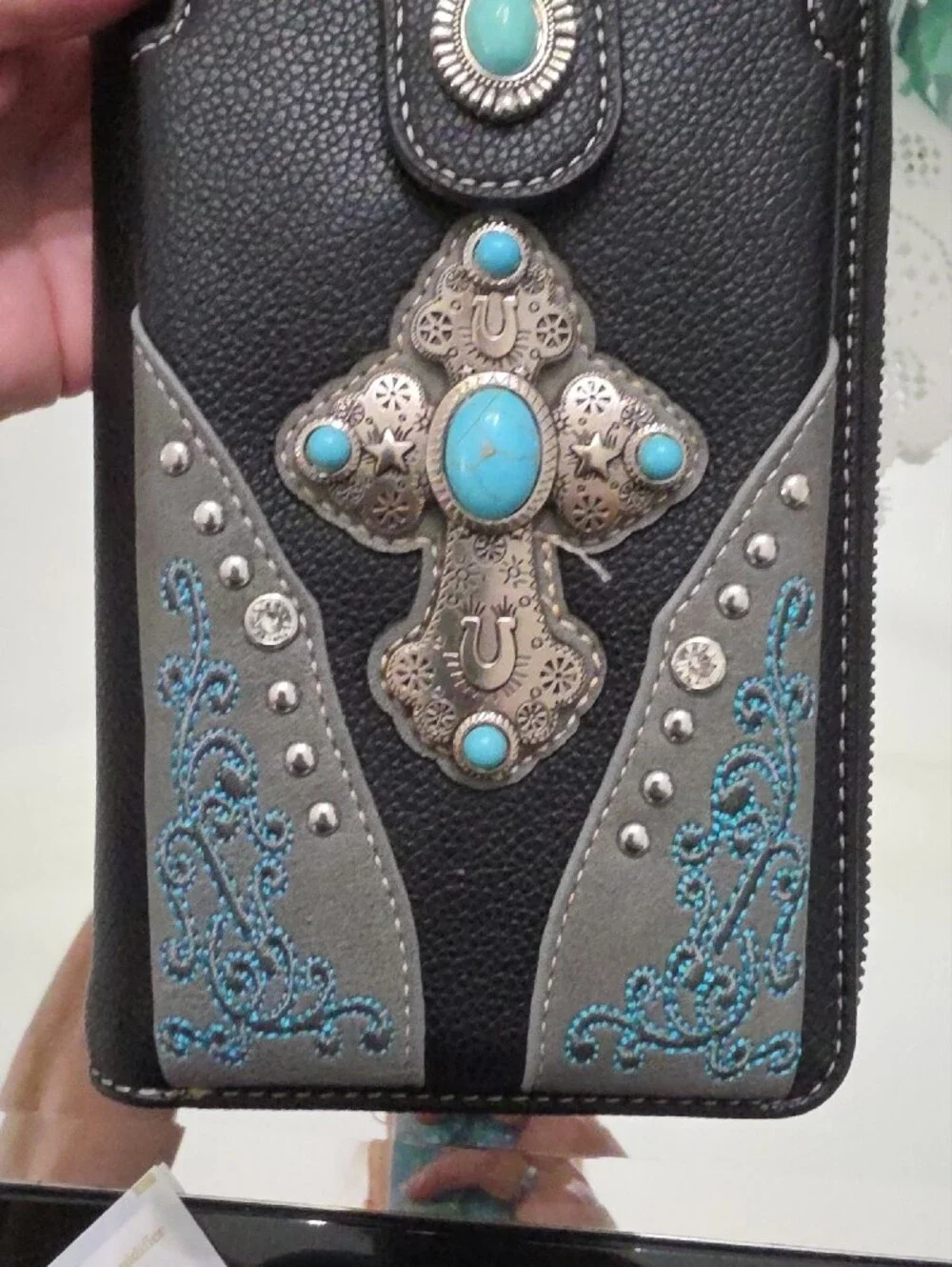 Montana West Black Phone Wallet Case with Turquoise Cross Accent And Crossbody